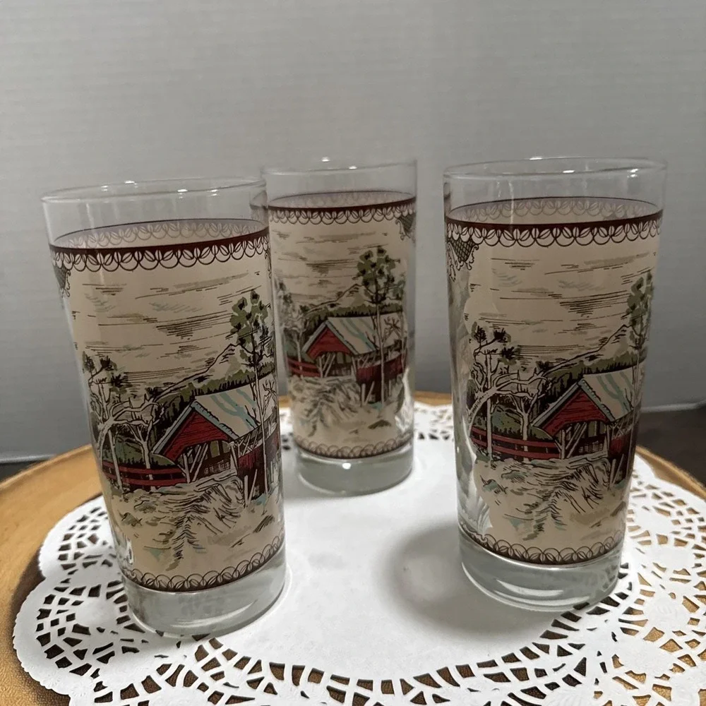Johnson Brothers Friendly Village Covered Bridge Tumblers Glasses Set 3 England